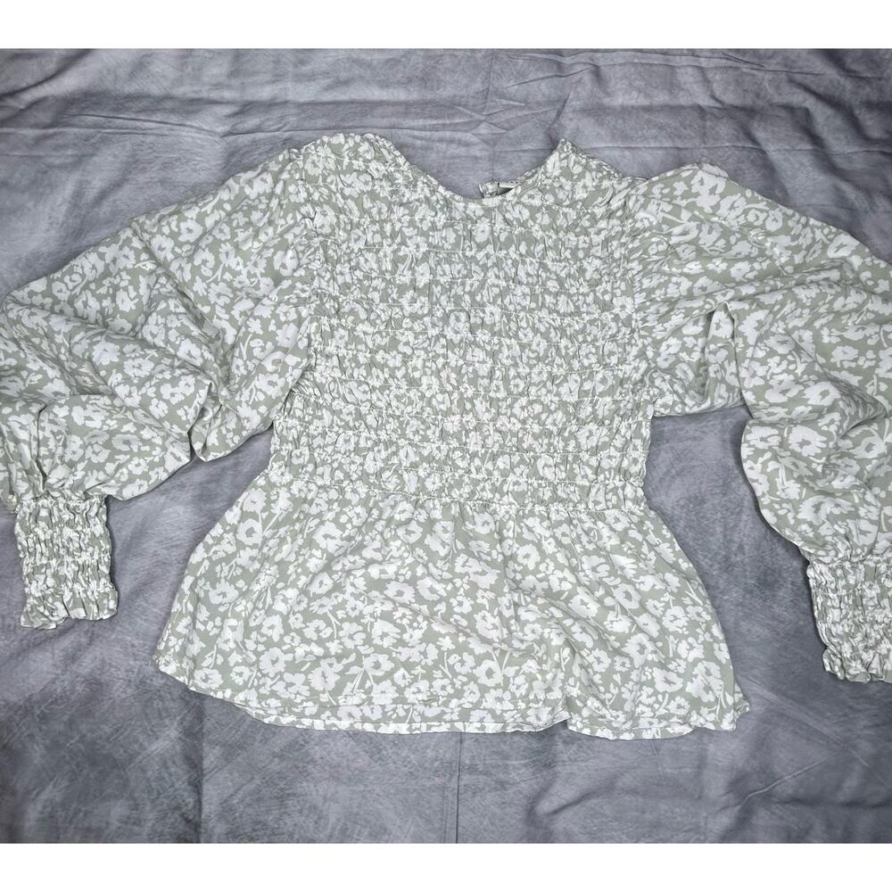 Women Top S Boho Y2K Hippie Prairie Green White Floral Smocking Coquette